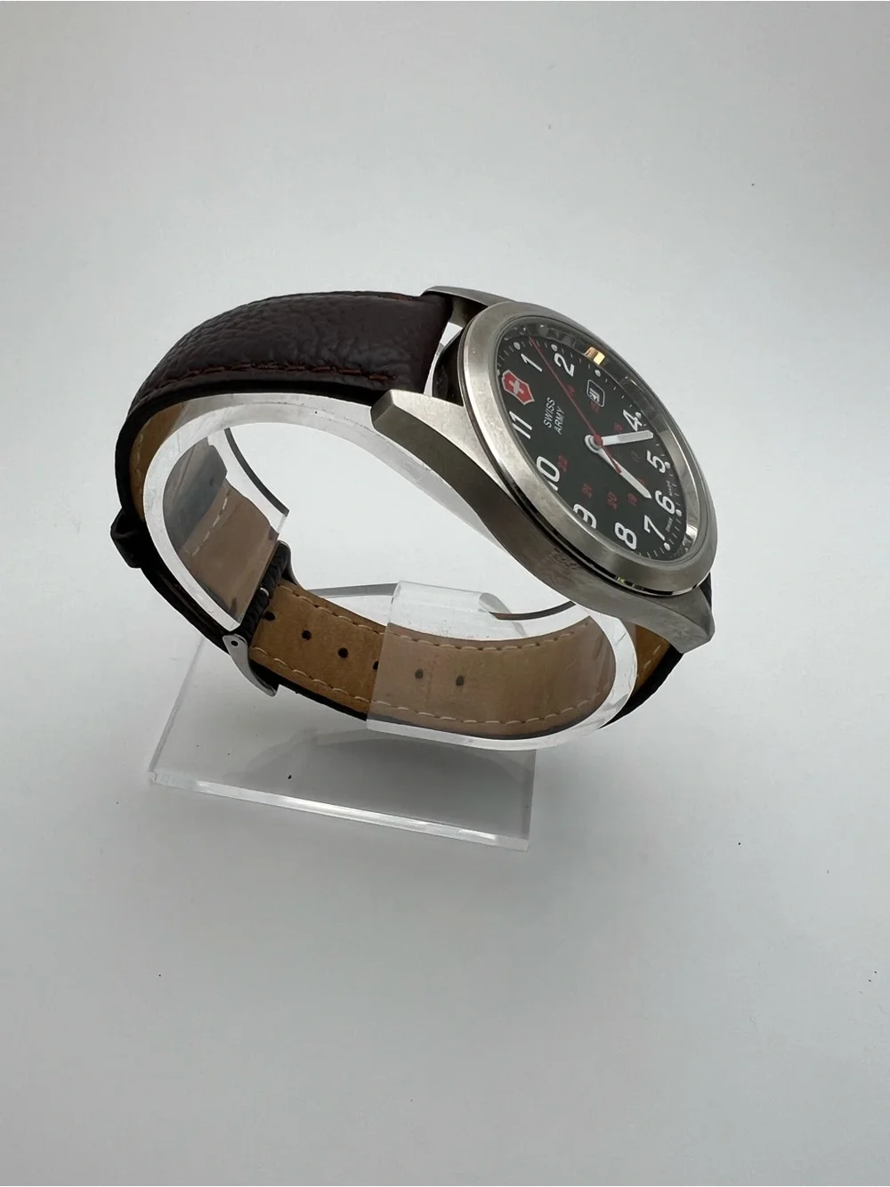 Victorinox Black Dial Watch with Brown Leather Strap and Red Accents